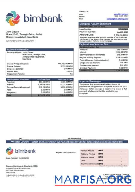Downloadable Mauritania Banque Islamique de Mauritanie (BIM) mortgage statement Word and PDF template